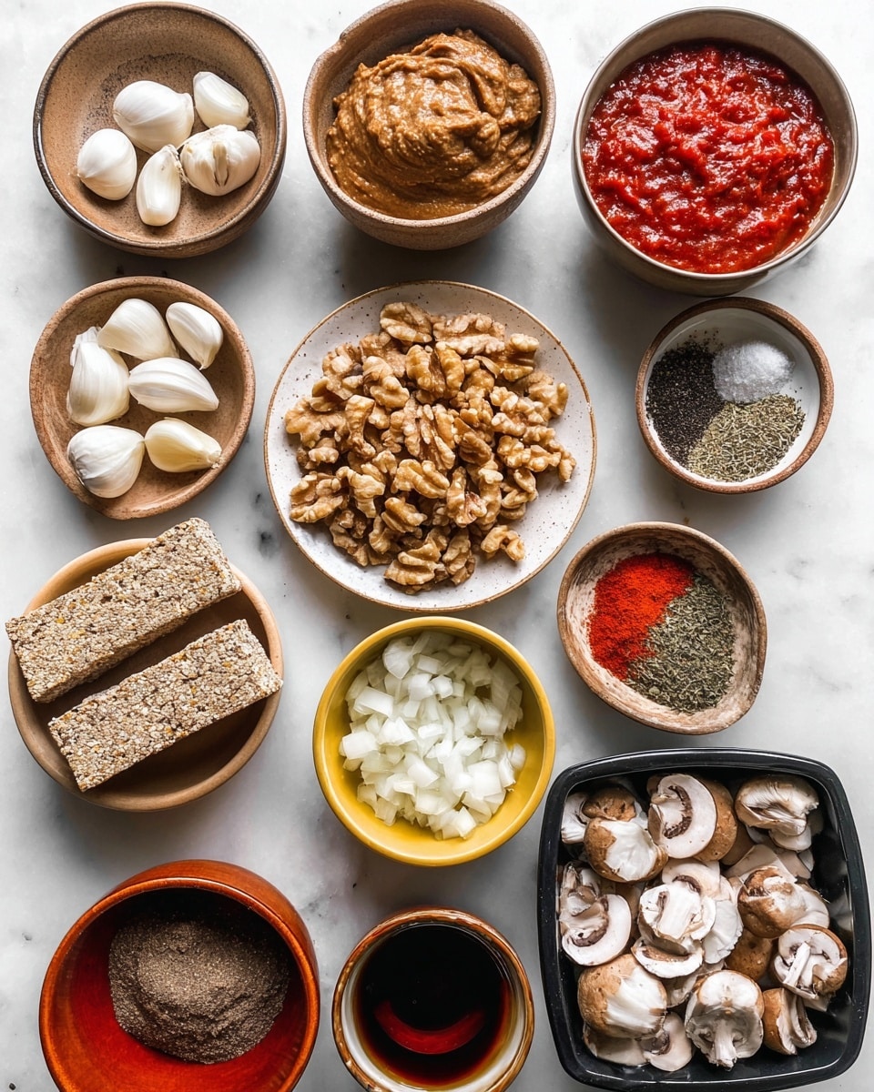 The image shows a top view of various ingredients neatly arranged on a white marbled surface. In the top left corner, there is a small brown bowl filled with garlic cloves, next to it a similar bowl with thick red sauce, and another with a light brown dense paste. To the right, a round bowl contains four different spices: black pepper, dried herbs, salt, and a green leafy herb. Below these, a small plate holds shelled walnuts beside a stack of beige textured pieces that look like tempeh. On the lower left side, a medium tan bowl holds a dark powdery spice, near a rustic brown bowl filled with chopped white onions. Next to it is a small yellow and maroon bowl with dark liquid, and a brown bowl with bright red paste. Below all this, a white bowl holds a grainy mixture, and a black container contains sliced mushrooms with light brown caps showing various shades of white and gray. All the bowls and plates are arranged closely but not overlapping, showing clear textures and colors of each ingredient. Photo taken with an iphone --ar 4:5 --v 7