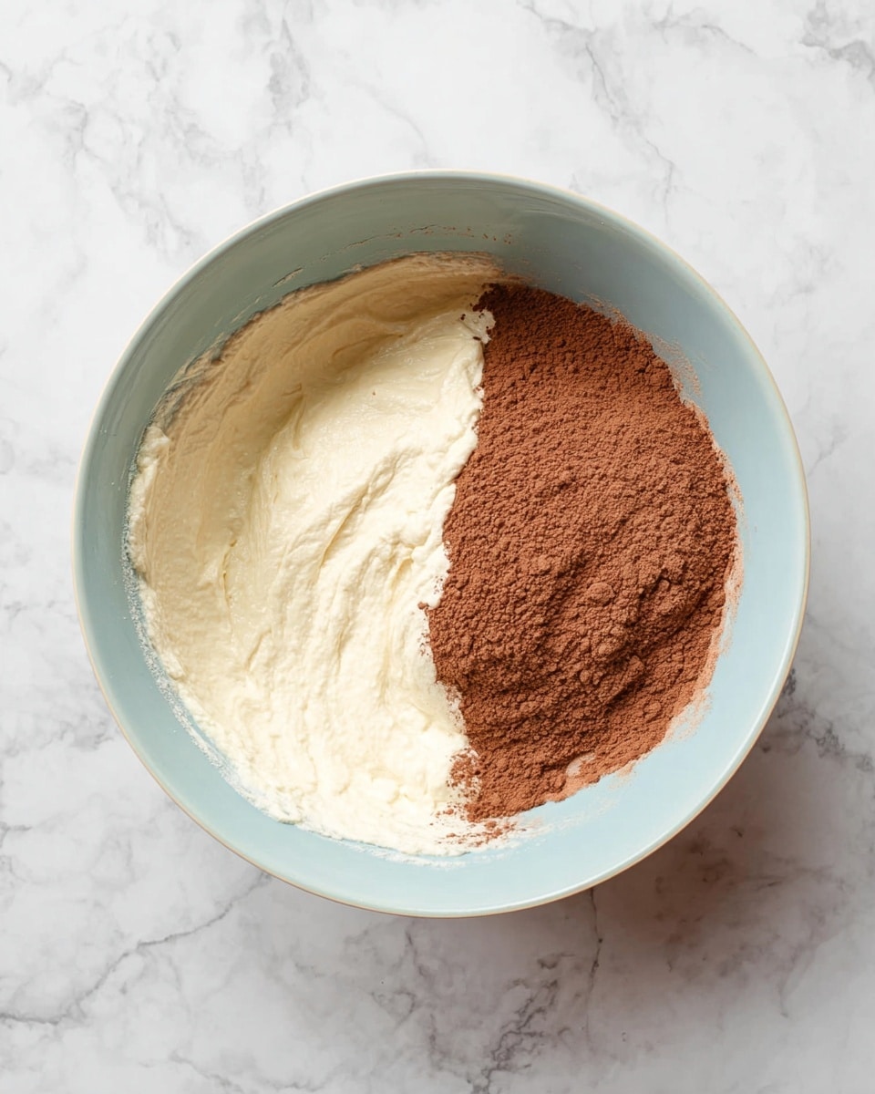 A light blue bowl sits on a white marbled surface filled with two separate layers: the left half contains a thick, creamy white mixture with a smooth and slightly fluffy texture, while the right half holds a fine, dry cocoa powder in a rich brown color. The two layers meet straight in the middle of the bowl, creating a distinct division between the creamy and dry elements. Photo taken with an iphone --ar 4:5 --v 7