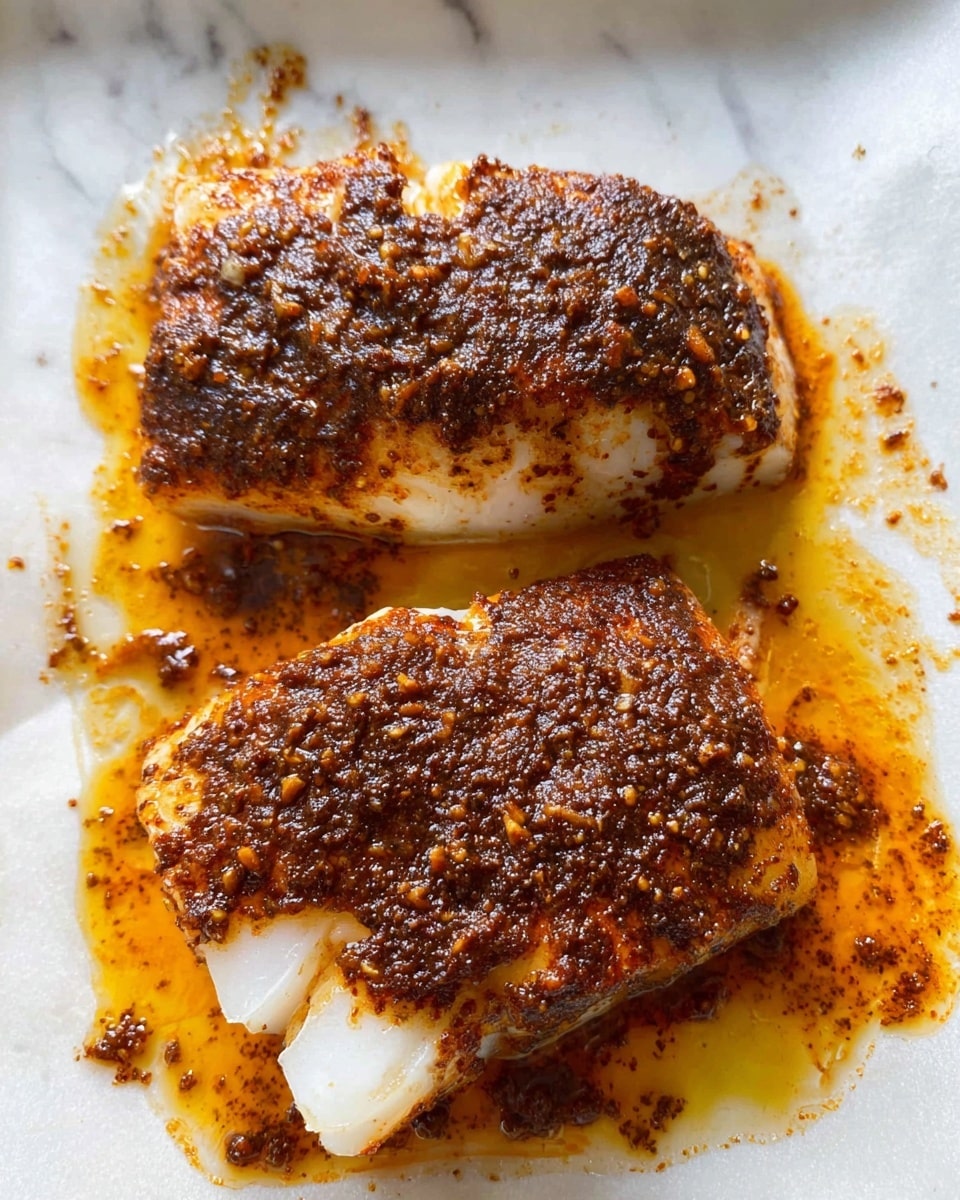 Two pieces of cooked fish lay side by side on a white marbled surface. Each piece is covered with a thick, dark brown spice layer that looks a bit crispy and uneven. Underneath, the fish is white and flaky, with some orange oil and sauce spread around and slightly underneath the fish, creating a shiny, moist look. The overall color contrast between the white fish, dark spice, and orange oil is clear and rich. photo taken with an iphone --ar 4:5 --v 7