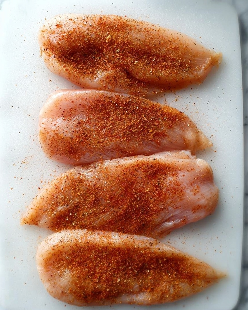 Four raw chicken fillets are laid out side by side on a white cutting board. Each fillet is sprinkled evenly with a reddish-brown spice mixture, giving a light coating of seasoning. The fillets have a smooth, slightly shiny texture with gentle curves and faint muscle lines. The background is a white marbled texture. photo taken with an iphone --ar 4:5 --v 7