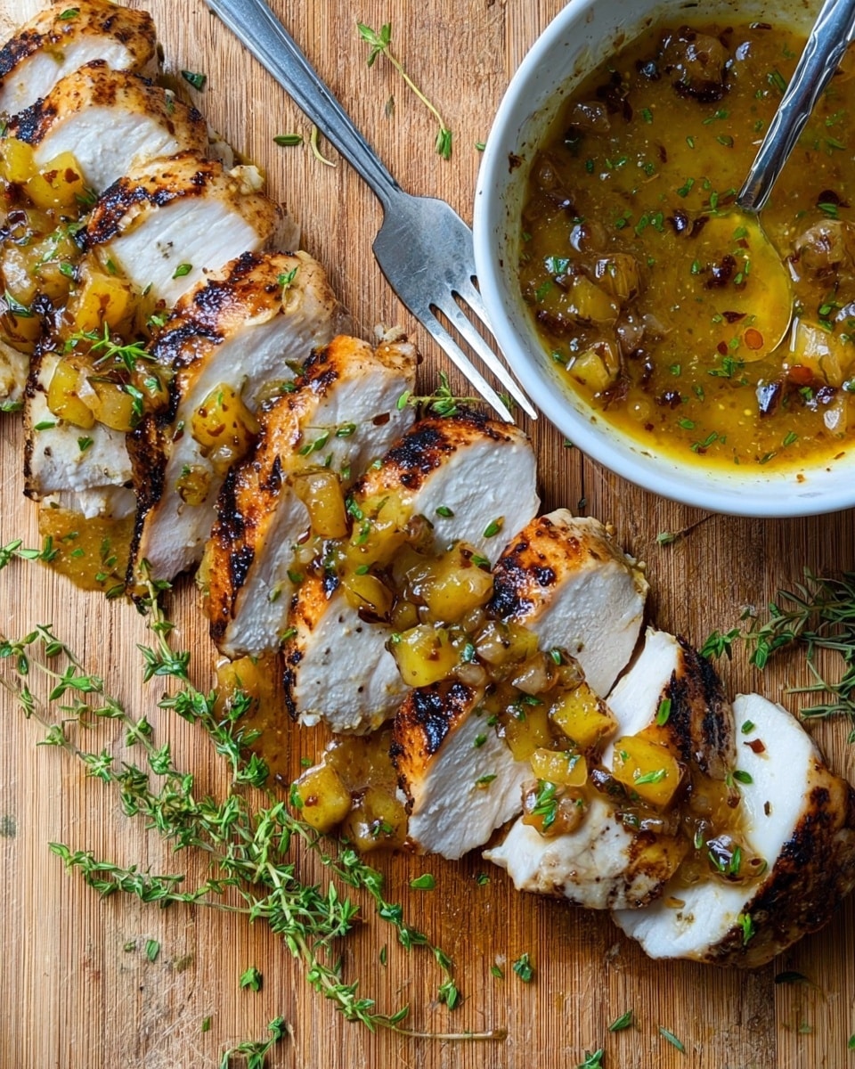A wooden board with grilled white meat sliced into thin pieces arranged in a row, each piece showing a brown crispy outer layer and a white inside, topped with a shiny golden-yellow sauce containing small fruit chunks and bits of green herbs. Fresh green thyme leaves are scattered on and around the meat. To the right side of the board, a white bowl contains more of the same golden-yellow sauce with visible herbs, next to a shiny silver fork resting on the board. Photo taken with an iphone --ar 4:5 --v 7