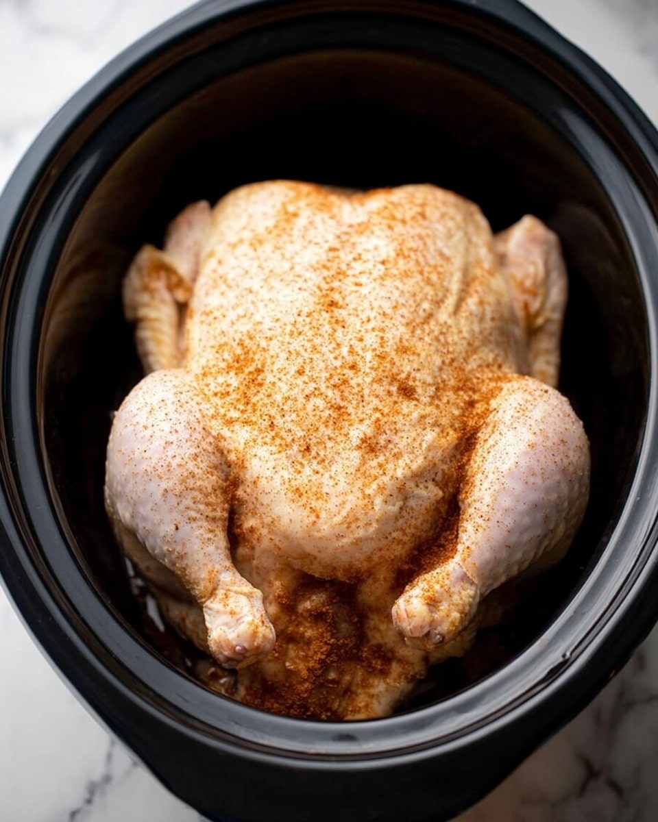 A whole raw chicken is placed inside a black slow cooker. The chicken is pale with a smooth, slightly shiny skin and is covered evenly with a dry spice mix that is light brown and sprinkled over the top and legs. The chicken is centered, with the legs folded in toward the body, and the black slow cooker creates a smooth dark frame around it. The background surface is white with a marbled texture photo taken with an iphone --ar 4:5 --v 7