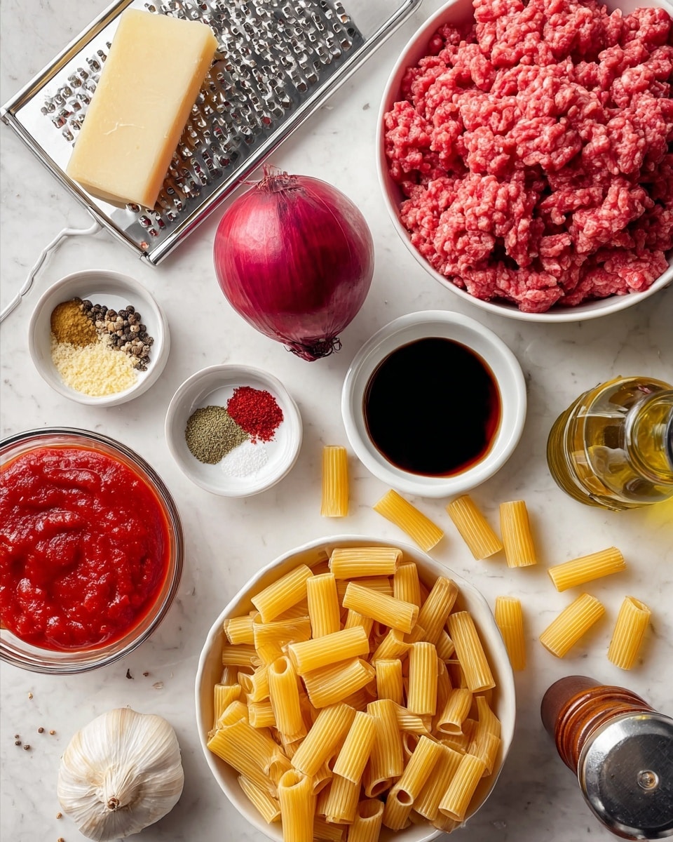 The image shows several ingredients on a white marbled surface arranged neatly. There is a white bowl filled with raw ground meat on the top right and a white bowl filled with uncooked rigatoni pasta on the bottom right. Nearby, a small white dish holds dark liquid, likely soy sauce or balsamic vinegar. To the left of the meat bowl, a whole red onion sits next to a small white dish with various dry spices in red, green, and beige colors. A large garlic bulb with some loose cloves is near the spices. On the bottom left corner, there is a clear glass container filled with red tomato sauce. A woman’s hand is holding a white rectangular block of cheese near a metal grater at the top left corner. There is also a bottle of olive oil and a pepper grinder on the right side. The entire scene is set on a clean, bright white marbled surface. photo taken with an iphone --ar 4:5 --v 7