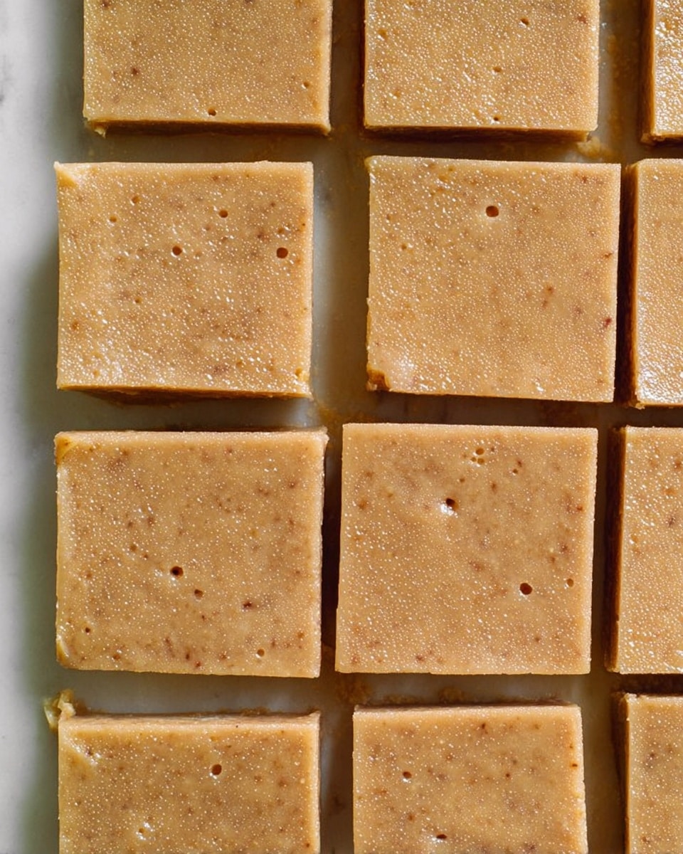 The image shows a close-up view of a tray with evenly cut, square pieces of a light brown, smooth textured dessert with tiny darker brown specks throughout. The pieces are arranged in neat rows and columns on a white marbled surface. Each square has a slight shine and small bubbles or air pockets on the surface, giving a soft and slightly spongy appearance. The edges are clean and straight, showing consistent thickness across all pieces. photo taken with an iphone --ar 4:5 --v 7