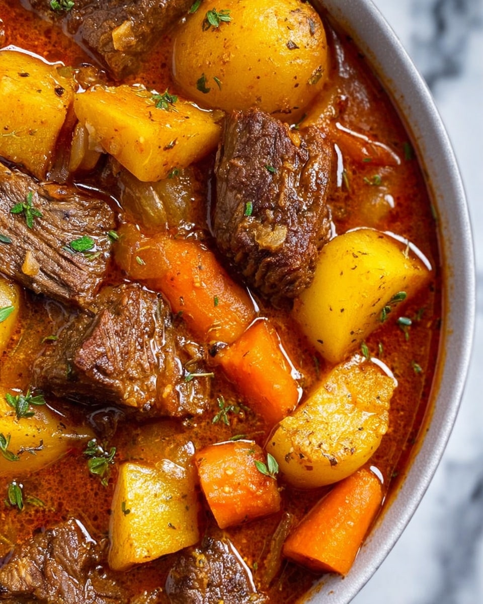 The image shows a close-up of a stew with three visible layers: large chunks of browned beef, golden yellow potato pieces, and bright orange carrot chunks mixed evenly throughout. The beef has a textured, roasted surface, the potatoes have a smooth but slightly rough skin, and the carrots are cut into solid rectangular shapes. These ingredients rest in a thick reddish-brown broth with visible herbs sprinkled on top. The stew fills a white bowl, and the background is a white marbled surface. photo taken with an iphone --ar 4:5 --v 7