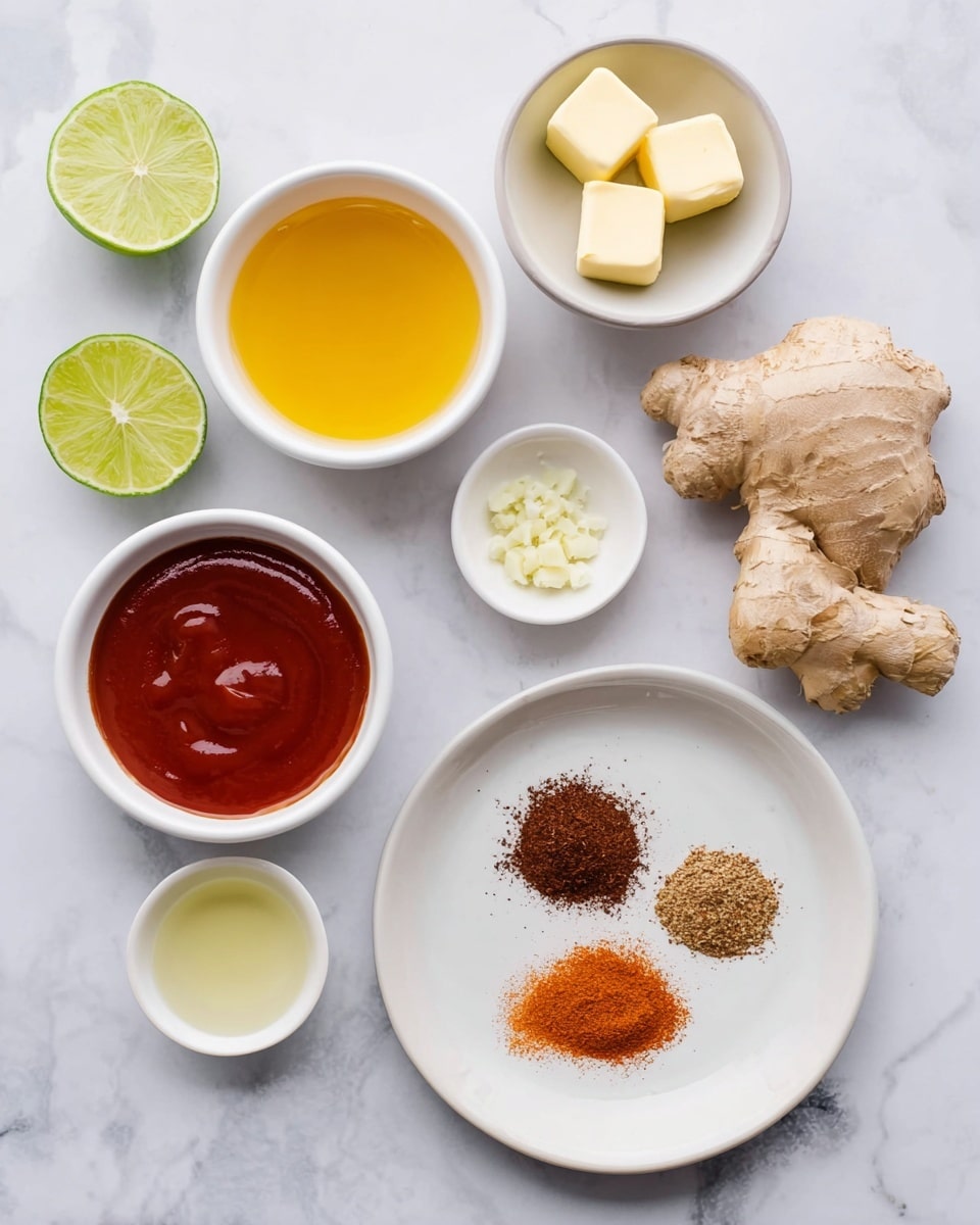 The image shows an arrangement of cooking ingredients on a white marbled surface. There is a large white round plate at the bottom right with two small piles of dry spices, one dark brown and one reddish-orange. Above the plate, there is a small white bowl with two square pieces of butter. To the left of that, a medium white bowl holds a bright yellow liquid, likely honey. Below it is another white bowl filled with thick reddish sauce, possibly ketchup or barbecue sauce. Near the top left, two green lime halves are placed cut side up. On the right side, a large piece of fresh ginger root is positioned next to a small white bowl containing minced garlic in a little liquid. The setup is neat, with contrasting colors and textures presented clearly. photo taken with an iphone --ar 4:5 --v 7