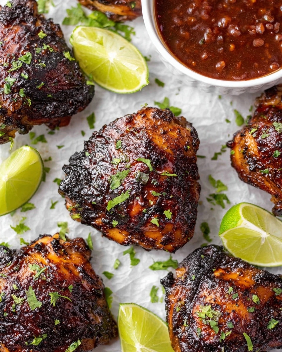 The image shows several pieces of dark grilled chicken thighs with a slightly burnt texture and shiny glaze, scattered on a white marbled surface. The chicken pieces are sprinkled with chopped green herbs, adding a fresh touch. Around the chicken, thin light green slices of lime are placed, some with a bit of chopped herb on them. In the top right corner, there is a white bowl filled with a thick, dark red sauce that has a textured surface with small chunks. The overall arrangement has a rustic and appetizing look. photo taken with an iphone --ar 4:5 --v 7