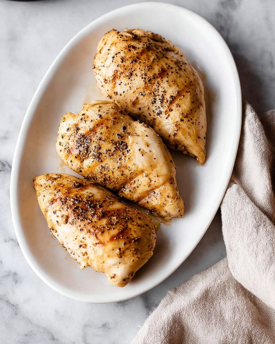Three cooked chicken pieces are placed side by side on a white oval plate. Each piece has a light golden-brown color with visible black pepper seasoning on the surface. The chicken has a smooth texture with slight grill marks and a juicy appearance. The white plate sits on a white marbled surface, and a soft, light beige cloth is partially visible in the bottom right corner of the image. Photo taken with an iphone --ar 4:5 --v 7