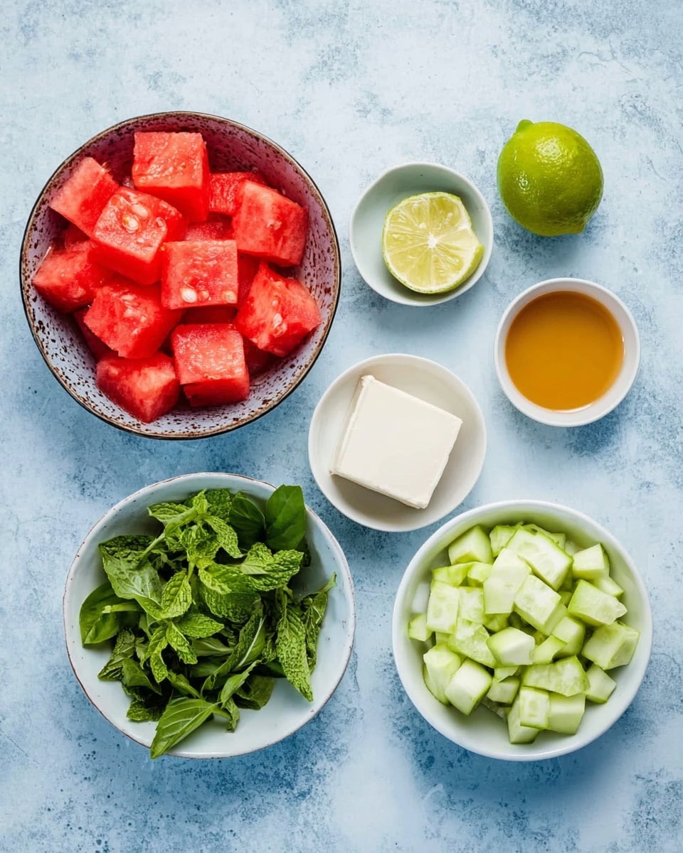 The image shows six bowls arranged on a white marbled background. In the top left, a bowl filled with bright red watermelon cubes; to its right, a half lime with seeds visible. Below the lime, there are two small white bowls, the first holding a golden-brown liquid and the second empty. On the bottom side, towards the left, a white bowl with green fresh herbs like basil and mint; next to it, another white bowl has a square block of white cheese. Lastly, in the top right corner, a bowl filled with light green cucumber pieces. The bowls and ingredients have a fresh and colorful appearance, photo taken with an iphone --ar 4:5 --v 7