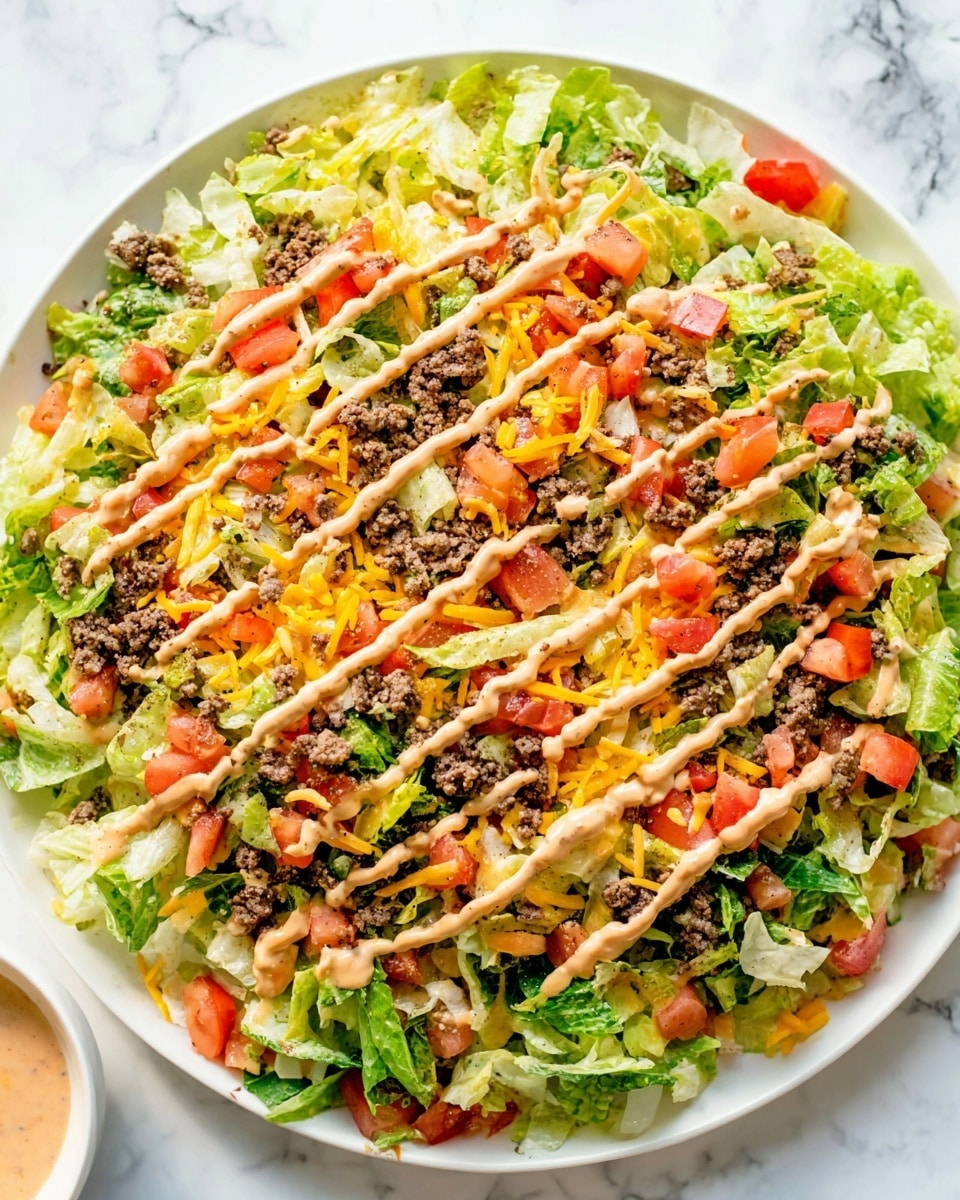 The image shows a large white round plate filled with a colorful layered taco salad on a white marbled surface. The base layer is fresh green lettuce with chopped red tomatoes and sliced cucumbers mixed in. On top of the lettuce, there is a layer of cooked ground beef, dark brown and crumbly in texture. Over the beef and vegetables, there is a drizzle of creamy light orange sauce spread unevenly across the salad. In the background, there is a small white bowl filled with shredded bright orange cheese. A golden fork held by a woman's hand is placed in the salad, lifting some of the layers. The overall look is fresh and vibrant with a mix of soft and crisp textures. Photo taken with an iphone --ar 4:5 --v 7