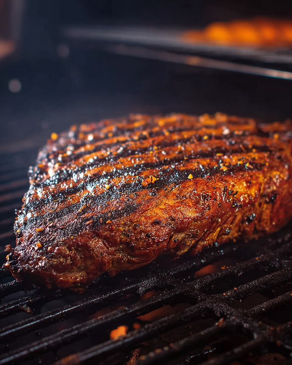 A large piece of grilled meat with a dark brown and slightly charred surface sits on a black grill. The meat has a textured look with visible seasoning and grill marks creating a striped pattern. The background is blurred but shows the grill’s surface in dark tones, enhancing the meat's rich color. The lighting highlights the juicy, cooked texture of the meat. photo taken with an iphone --ar 4:5 --v 7