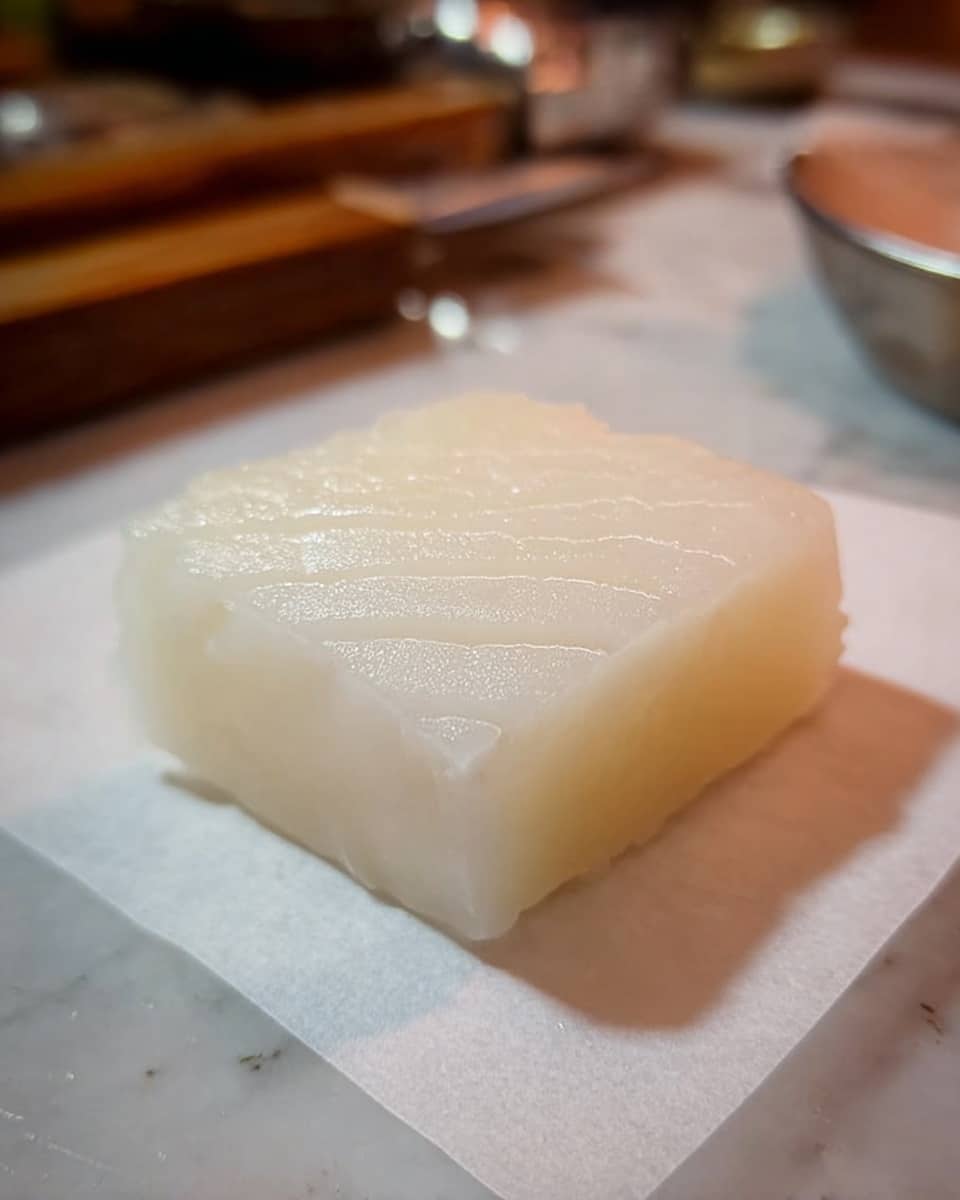 A close-up of a small block of translucent white food with a smooth and slightly shiny surface, showing gentle diagonal ridges on top. The block is placed on a flat, white piece of parchment paper that lies on a white marbled texture surface. The background includes blurred kitchen items with soft brown and metallic colors. Photo taken with an iphone --ar 4:5 --v 7