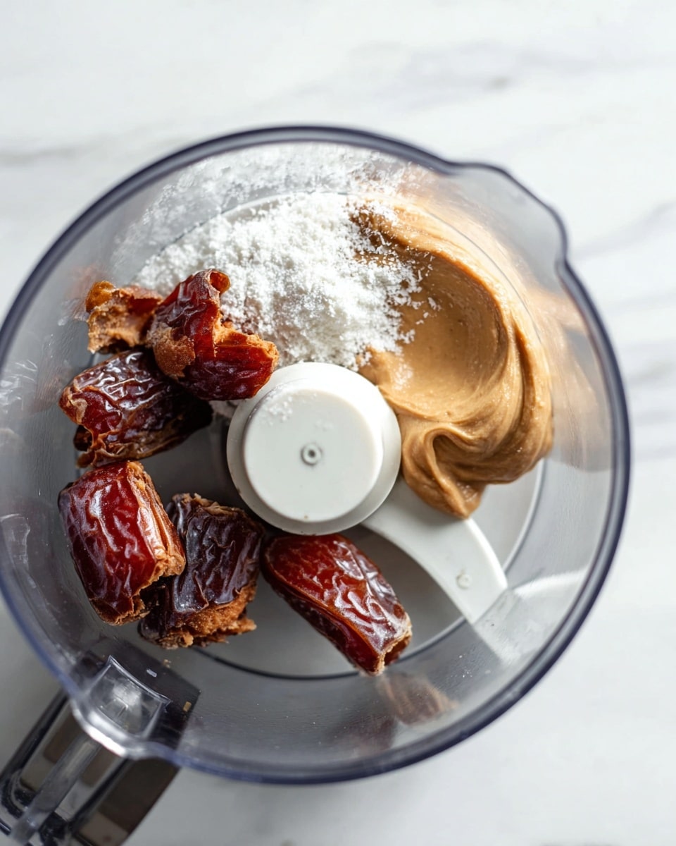 The image shows a clear food processor bowl placed on a white marbled surface, containing several reddish-brown dates that are slightly torn, a dollop of smooth light tan peanut butter, and a sprinkle of white powder scattered inside. The center has a white plastic blade attachment, and the ingredients sit loosely around it, ready to be blended. Photo taken with an iphone --ar 4:5 --v 7