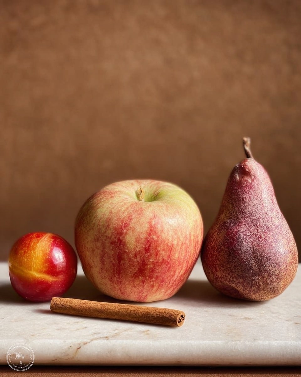 The image shows three fruits and a cinnamon stick placed side by side on a white marbled surface with a warm brown background. From left to right, there is a small round red and yellow plum, then a cinnamon stick leaning slightly to the left. Next is a large apple with a red and pale yellow mottled skin, round and smooth. On the right end, there is a pear with a dusty purple and red skin, showing a slightly rough texture. The fruits and cinnamon stick are aligned in a row, with natural light softly highlighting their colors and textures. photo taken with an iphone --ar 4:5 --v 7