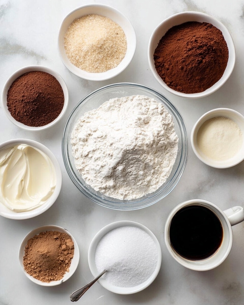 The image shows eight small bowls and one cup arranged on a white marbled surface, each filled with different baking ingredients. The largest bowl in the center holds a mound of white flour with a soft texture. Surrounding it are smaller white bowls: one with light brown sugar, another with dark brown cocoa powder, another with fine white granulated sugar, one with a creamy yogurt or sour cream with a spoon inside, and one with a pale yellow flour or powder. A transparent cup nearby contains a dark liquid, likely coffee or vanilla extract. There is also a clear glass measuring cup filled with a creamy white liquid, possibly milk or cream. The colors range from white and cream to dark brown, arranged neatly for a baking preparation photo taken with an iphone --ar 4:5 --v 7