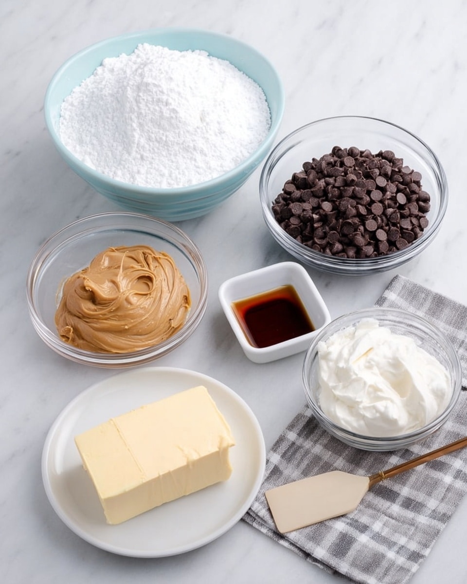 The image shows six small bowls and plates with different baking ingredients arranged on a white marbled surface. In the center back is a large white bowl filled with powdered sugar, white and fluffy in texture. To its right is a clear glass bowl with many small dark brown chocolate chips. To the left of the powdered sugar is another clear glass bowl filled with light brown peanut butter, creamy and smooth. In front of this bowl is a small white plate holding a block of pale yellow butter. Next to the butter on the right is a tiny white square dish with dark amber vanilla extract. Behind that is a small glass bowl with thick white cream. On the far right side lies a light beige spatula resting on a gray and white checkered cloth. photo taken with an iphone --ar 4:5 --v 7