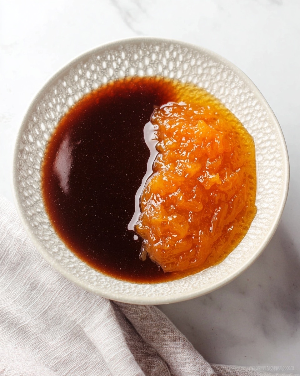 In a clear deep white bowl with textured edges, there are two distinct sauces side by side. On the right side, there is a thick, chunky orange sauce with a shiny, slightly sticky texture, and bits of what looks like cooked or pickled ingredients. On the left side, there is a smooth, dark brown sauce with a glossy finish and a liquid-like texture. The bowl is set on a white marbled surface with a soft striped cloth partially visible at the bottom right corner. Photo taken with an iphone --ar 4:5 --v 7