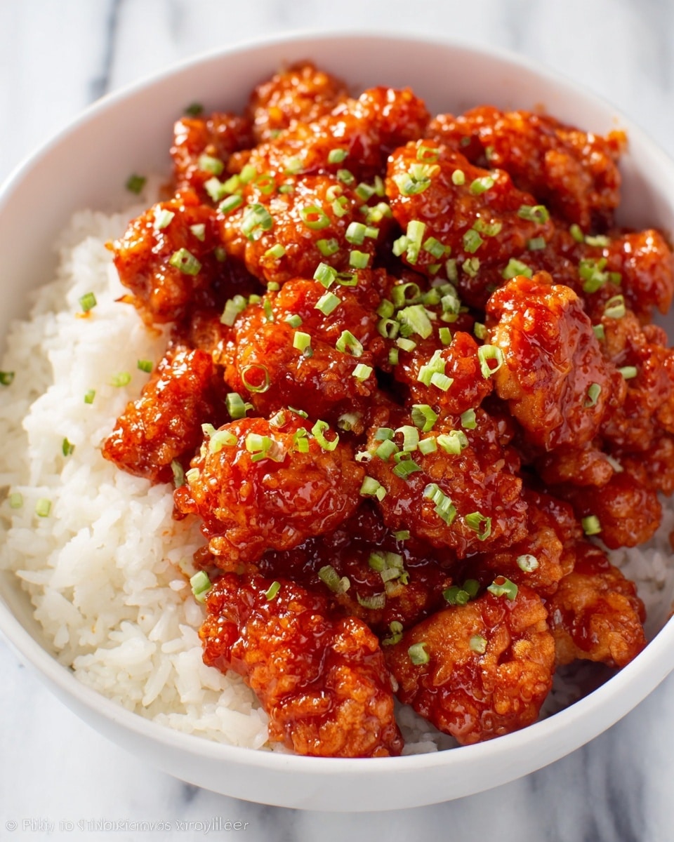 A round white bowl filled with two main layers: the bottom layer is white, soft cooked rice covering the base, and the top layer is bright orange, crispy fried chicken pieces coated in a shiny, sticky sauce. The chicken pieces are uneven in size, textured with a crispy surface, and sprinkled with small chopped green onions. A woman's hand holds light brown wooden chopsticks picking up one piece of the chicken. The background and surface show a white marbled texture. photo taken with an iphone --ar 4:5 --v 7