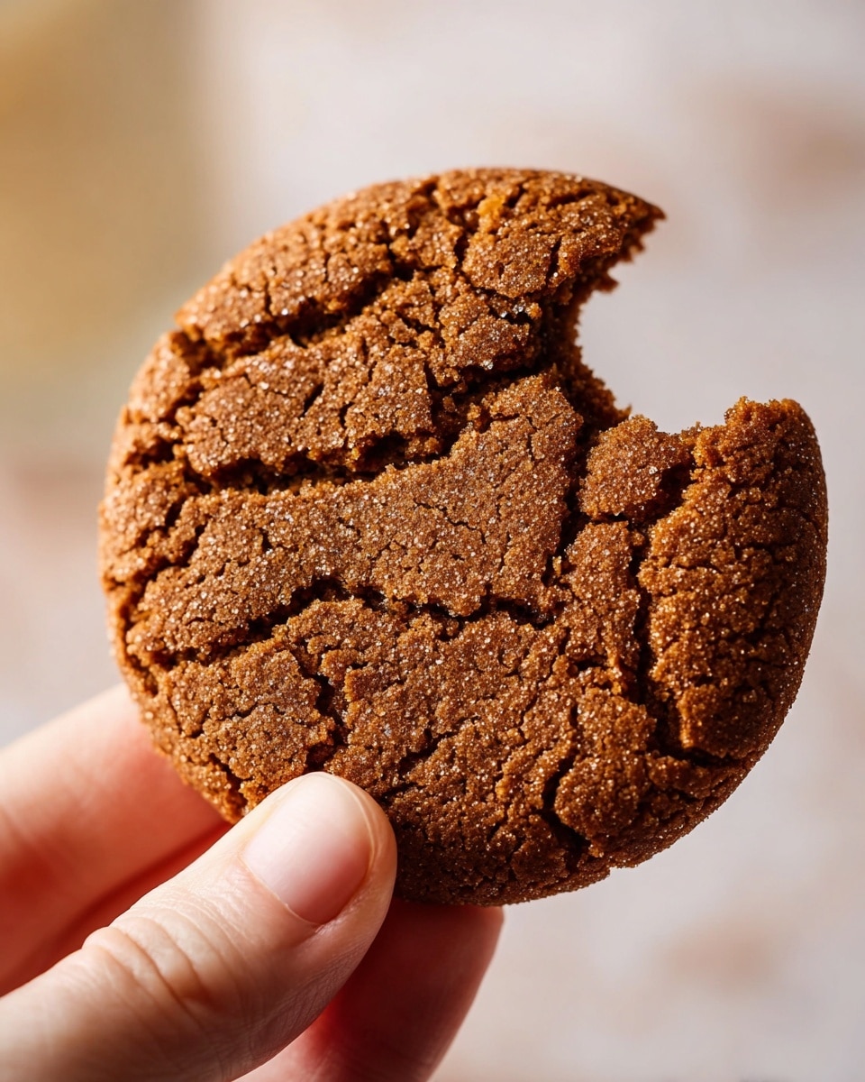 A close-up of a round brown cookie with a cracked, rough surface and a bite taken out of the top right side, showing a slightly crumbly texture. The cookie is held by a woman's hand with the thumb and fingers gently grasping its bottom edge. The background features a soft focus with light, warm tones that blend into a white marbled texture. The cookie surface shows irregular patterns, adding depth and a rustic look to the cookie photo taken with an iphone --ar 4:5 --v 7