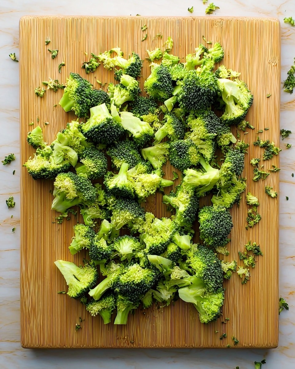 A wooden chopping board filled with many small broccoli florets spread out in a rough pile across the center. The broccoli pieces show a mix of bright green stems and dark green tops, with some tiny bits of broccoli scattered around the board. The texture of the board is smooth and light brown, with distinct wood grain lines visible. The scene is set on a white marbled surface. photo taken with an iphone --ar 4:5 --v 7