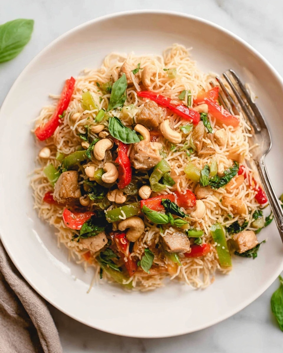 In a white plate, there is a dish with thin, light beige noodles forming the base layer. On top of the noodles, there are colorful vegetables in strips and small chunks: bright red and green bell pepper strips, orange carrot sticks, and light green zucchini pieces. Scattered throughout are small cubes of light tan chicken pieces. The dish is garnished with fresh green basil leaves and a sprinkle of light brown cashew nuts. The background is a white marbled surface with a silver fork to the right side of the plate. Photo taken with an iphone --ar 4:5 --v 7