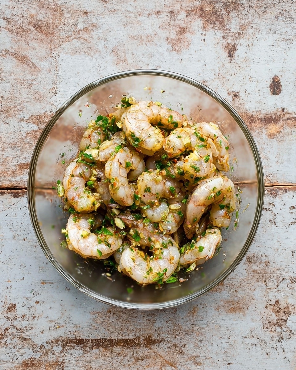 A clear glass bowl filled with about three layers of raw shrimp mixed with finely chopped green herbs and small pieces of minced garlic, all coated lightly in oil and spices giving a shiny texture. The shrimp are pale with a slight pinkish tint, arranged loosely with some curled and some straight. The bowl sits on a white marbled surface with a rustic, slightly worn look around. photo taken with an iphone --ar 4:5 --v 7
