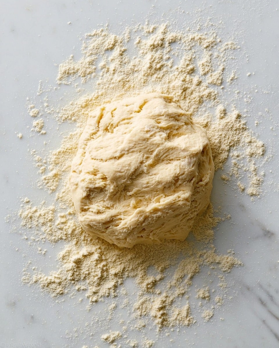 A soft, pale beige dough sits in one thick, uneven mound on a white marbled surface, surrounded by scattered light yellow flour dust. The dough has a slightly sticky, lumpy texture with some folds and peaks, showing it hasn’t been shaped or smoothed yet. The flour around it looks dry and powdery, spreading outward in random small clumps and thin layers. photo taken with an iphone --ar 4:5 --v 7