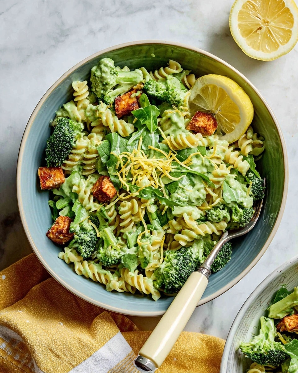 A deep white bowl holds a vibrant green pasta dish with three main layers. The base layer consists of light green twisted rotini pasta mixed with bright green broccoli florets. On top of this is a creamy, smooth light green sauce that coats the pasta and broccoli evenly. Scattered within are small, orange-brown cubes, likely tofu or a similar ingredient. Fresh dark green leafy herbs and a few thin, curly lemon zest strands rest on top, with a half lemon slice garnish on the side of the bowl. A silver fork with a beige handle sits inside the bowl. The bowl is placed on a white marbled surface with a yellow and white cloth next to it. Photo taken with an iphone --ar 4:5 --v 7