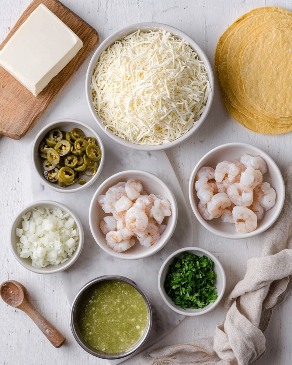 The image shows a preparation setup with several white bowls arranged on a white marbled surface. There is one large white bowl filled with shredded white cheese near the top center. Next to it is a smaller white bowl containing chopped green pickled jalapenos, and below that is another small white bowl with sliced green jalapeno peppers. On the right side, there is a small white bowl with chopped green cilantro. In the middle, a medium-sized white bowl contains pieces of raw fish, and nearby, a similar bowl holds peeled raw shrimp. To the left, there is a small white bowl with a cube of butter and a larger metal bowl filled with finely chopped white onions. A white bowl with a bright green sauce is placed near the onion bowl. A wooden board with a block of white cream cheese is located in the top left corner. In the upper right corner, there is a stack of yellow corn tortillas wrapped partially in a beige cloth. A small salt spoon with a wooden handle lies on the surface near the center bottom. The photo taken with an iphone --ar 4:5 --v 7