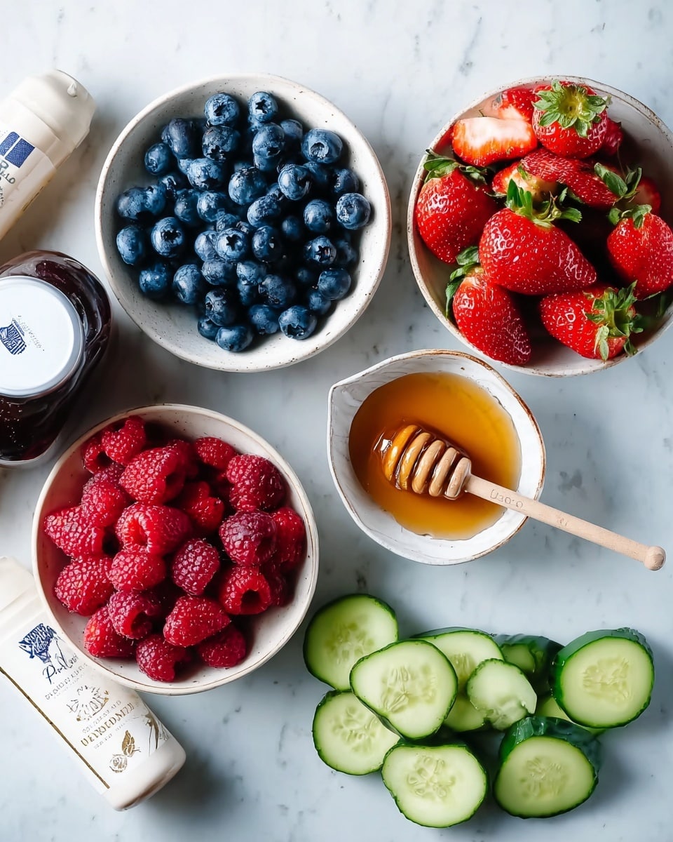 The image shows a white marbled surface with four white bowls arranged neatly. The top left bowl is filled with round, plump blueberries, dark blue in color and tightly packed. To the right, a bowl holds bright red strawberries, some whole with green leaves, others sliced showing their juicy interior. Below the blueberries is a bowl filled with small, red raspberries, soft and textured. To the right of the raspberries, there is a small white bowl with amber honey and a wooden honey dipper resting on the edge, covered in smooth, shiny honey. At the bottom, several slices of fresh cucumber with light green skin and pale inside are spread out. Two drink containers, one tall and dark and the other white with a lid, are placed on the left side. photo taken with an iphone --ar 4:5 --v 7