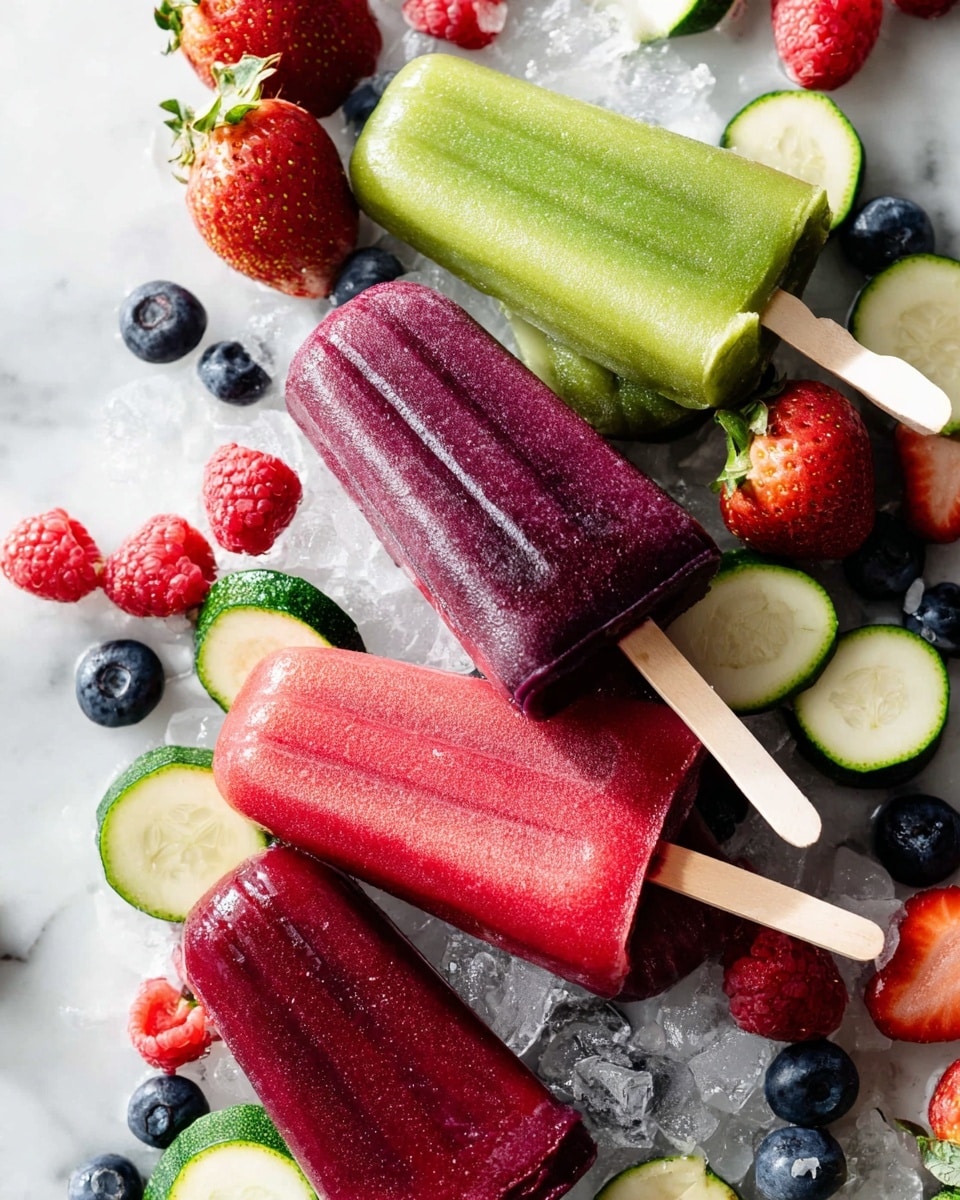 The image shows five stacked popsicles placed on crushed ice on a white marbled surface. At the bottom, there are two pink popsicles with white handles, smooth and creamy in texture, followed by two dark purple popsicles with wooden sticks that have a slightly icy finish. At the top, there are two green popsicles with wooden sticks, showing a frosty texture with a hint of a lighter green at the bottom. Around the popsicles, there are scattered fresh fruits: deep blue blueberries on the left, bright red strawberries with green tops, and red raspberries. There are also thin slices of light green cucumber spread around, adding to the fresh look. In the bottom right corner, a wooden bowl with honey and a honey dipper is partially visible. Photo taken with an iphone --ar 4:5 --v 7