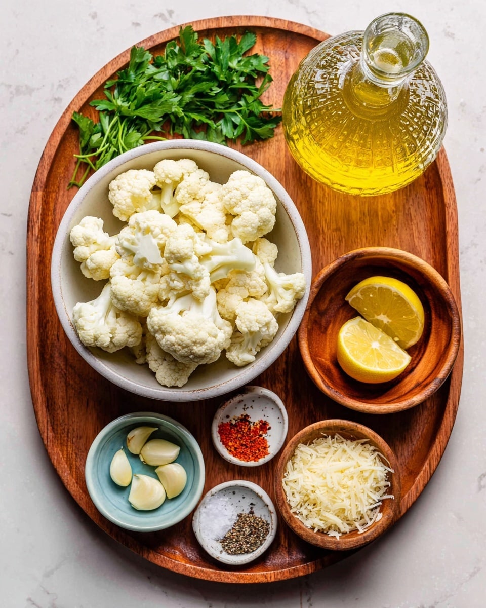A wooden tray holds six small bowls and a glass bottle of yellow oil on a white marbled surface. The largest bowl is white and filled with white cauliflower pieces that show hints of pale green stems. Next to it, a small wooden bowl has bright green flat parsley leaves. Beside that, another wooden bowl contains two halves of a yellow lemon. There is a tiny wooden bowl with finely chopped white garlic and a small white bowl with a mix of salt, black pepper, and red spice. A white bowl with a blue rim contains finely grated pale yellow cheese. The glass bottle has a textured surface and is filled with golden oil. photo taken with an iphone --ar 4:5 --v 7
