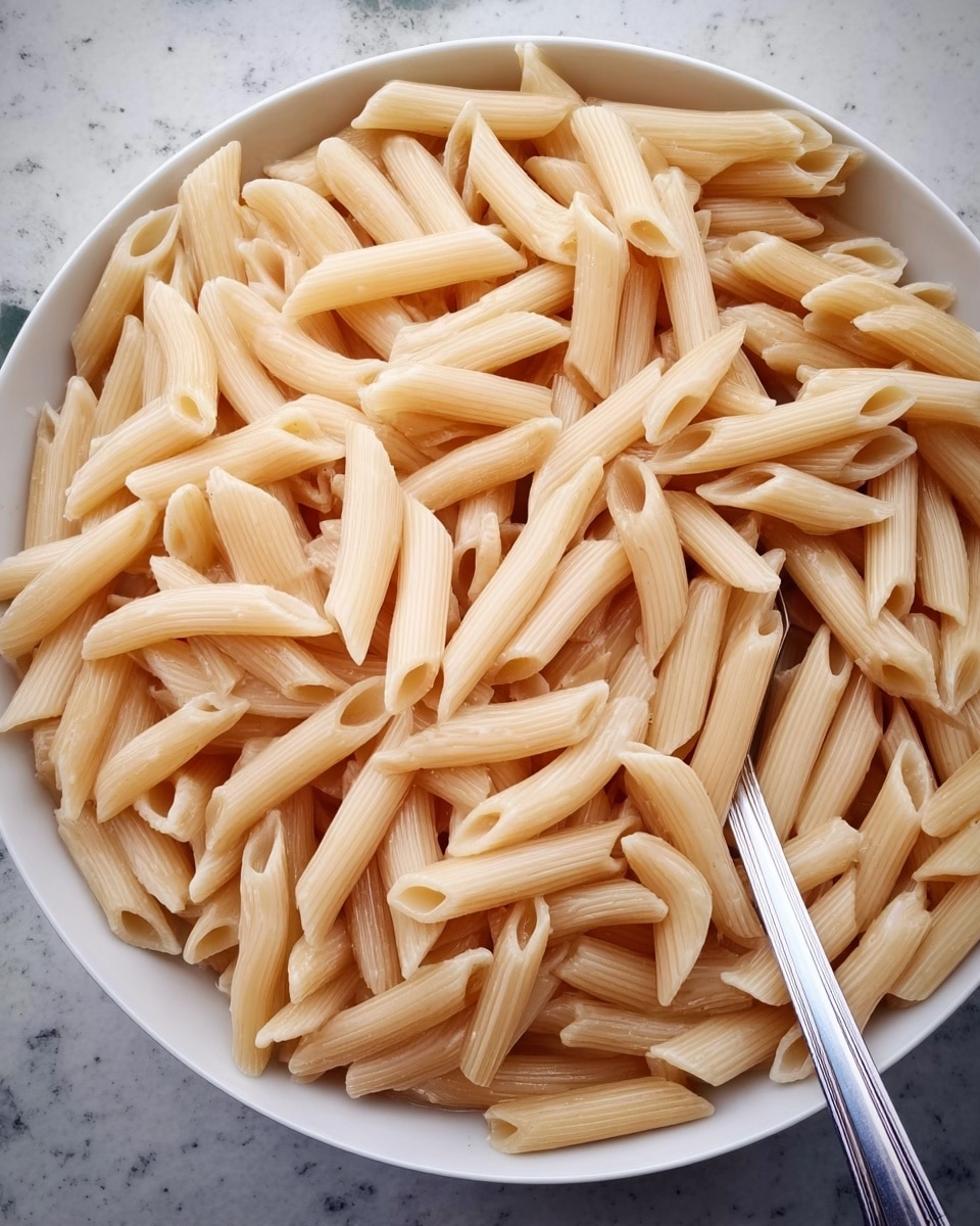 A large white bowl filled with plain cooked penne pasta, the pasta is light cream-colored and smooth, filling the bowl all the way to the edge. The shape of the penne is hollow and cylindrical with angled ends, and the pasta pieces are piled densely with some overlapping and lying at different angles. Part of a metal spoon is visible inside the bowl on the right side, resting on the pasta. The background surface has been changed to a white marbled texture. photo taken with an iphone --ar 4:5 --v 7