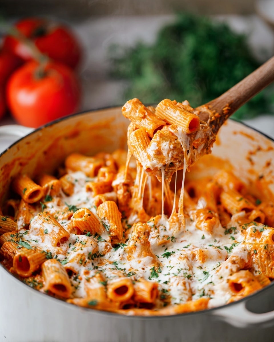 The image shows a close-up of a white pot filled with rigatoni pasta in an orange tomato sauce, topped with melted white cheese that stretches as a wooden spoon stirs the pasta. The pasta looks soft and is sprinkled with small green herb pieces, adding a fresh touch. In the background, there are bright red tomatoes and some green herbs slightly blurred on a white marbled surface. A woman's hand holds the wooden spoon, lifting pasta from the pot, with steam rising around the dish. photo taken with an iphone --ar 4:5 --v 7