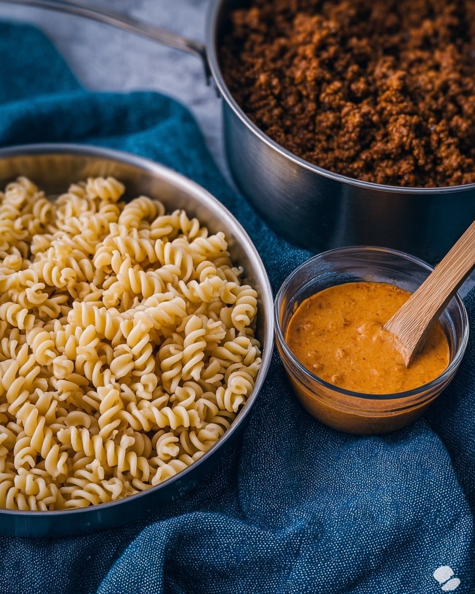 A close-up look at a silver pan filled with about two layers of cooked curly pasta, light yellow in color with a smooth and slightly glossy texture. Next to it, on a white marbled surface covered with a dark blue cloth, is a clear glass measuring cup containing an orange creamy sauce with a wooden spoon inside. Behind these is a silver pot filled with cooked ground meat that is dark brown and crumbly, adding a rough texture. The setting is casual kitchen preparation with a blue textured cloth underneath, all captured in natural light. photo taken with an iphone --ar 4:5 --v 7