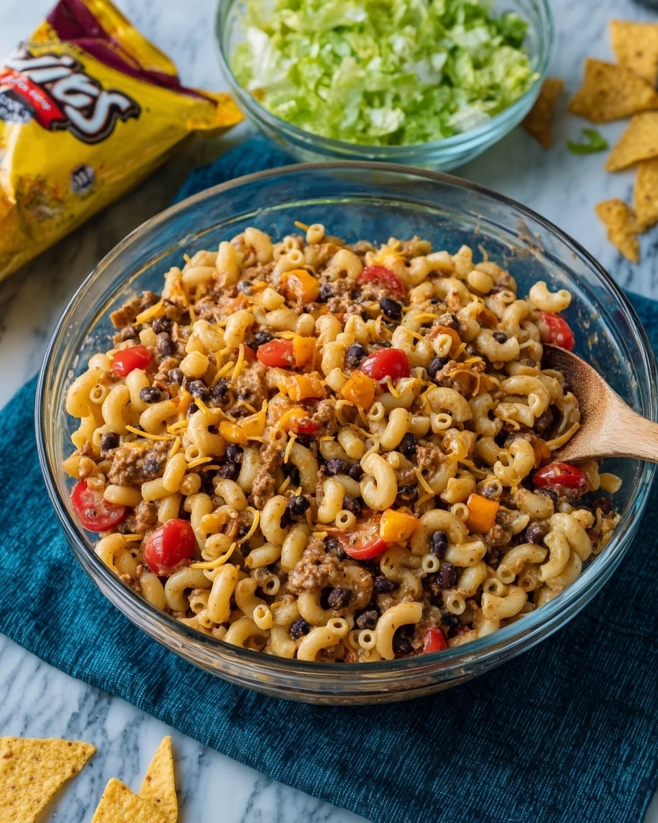 A large clear glass bowl filled with pasta salad made of curly macaroni, small red cherry tomatoes, black beans, and small cubes of orange cheese, all mixed with a light brown sauce that coats everything evenly. The bowl sits on a dark blue cloth with a wooden spoon partially inside it, resting on the right side. Behind the pasta bowl, there is a smaller clear bowl filled with chopped green lettuce and a partially open yellow bag of tortilla chips with some chips scattered around on the cloth. The whole scene is set on a white marbled surface. Photo taken with an iphone --ar 4:5 --v 7