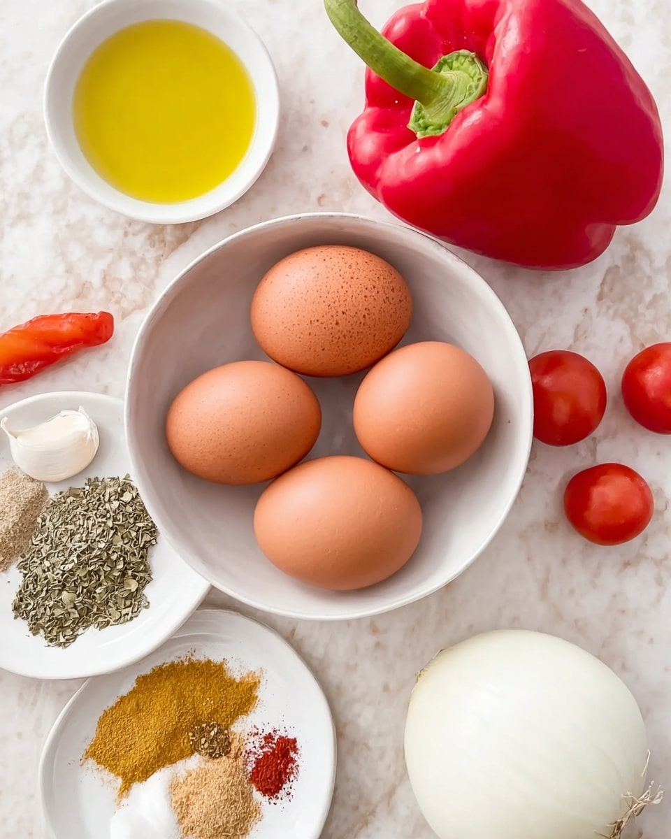 The image shows six brown eggs neatly placed inside a white bowl at the center on a white marbled surface. Above the bowl, there is a shiny red bell pepper with a green stem. To the right of the bell pepper, there are three red tomatoes and one small orange chili pepper. Two garlic cloves are placed near the top right corner. To the left of the bowl, a small round white bowl filled with yellow oil is visible. Below the bowl of eggs, there is a white onion and a white plate holding three groups of spices: light brown powder, yellow powder, and dried green leaves. The setup looks clean and organized, with natural bright lighting. photo taken with an iphone --ar 4:5 --v 7