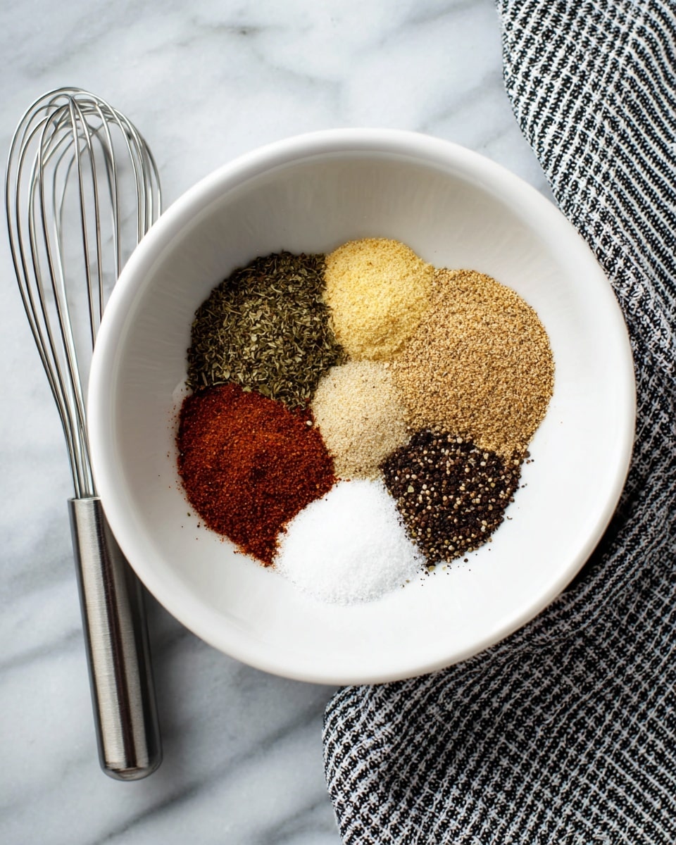 A white bowl holds six separate piles of spices arranged in a circle, each with distinct colors and textures: dark green dried herbs at the top left, light yellow powder at the top right, beige powder in the center, reddish-brown powder at the bottom right, coarse black pepper at the bottom left, and white salt just left of center. A small metal whisk rests to the left side of the bowl on a white marbled surface, and a black and white striped cloth lies to the right of the bowl. Photo taken with an iphone --ar 4:5 --v 7