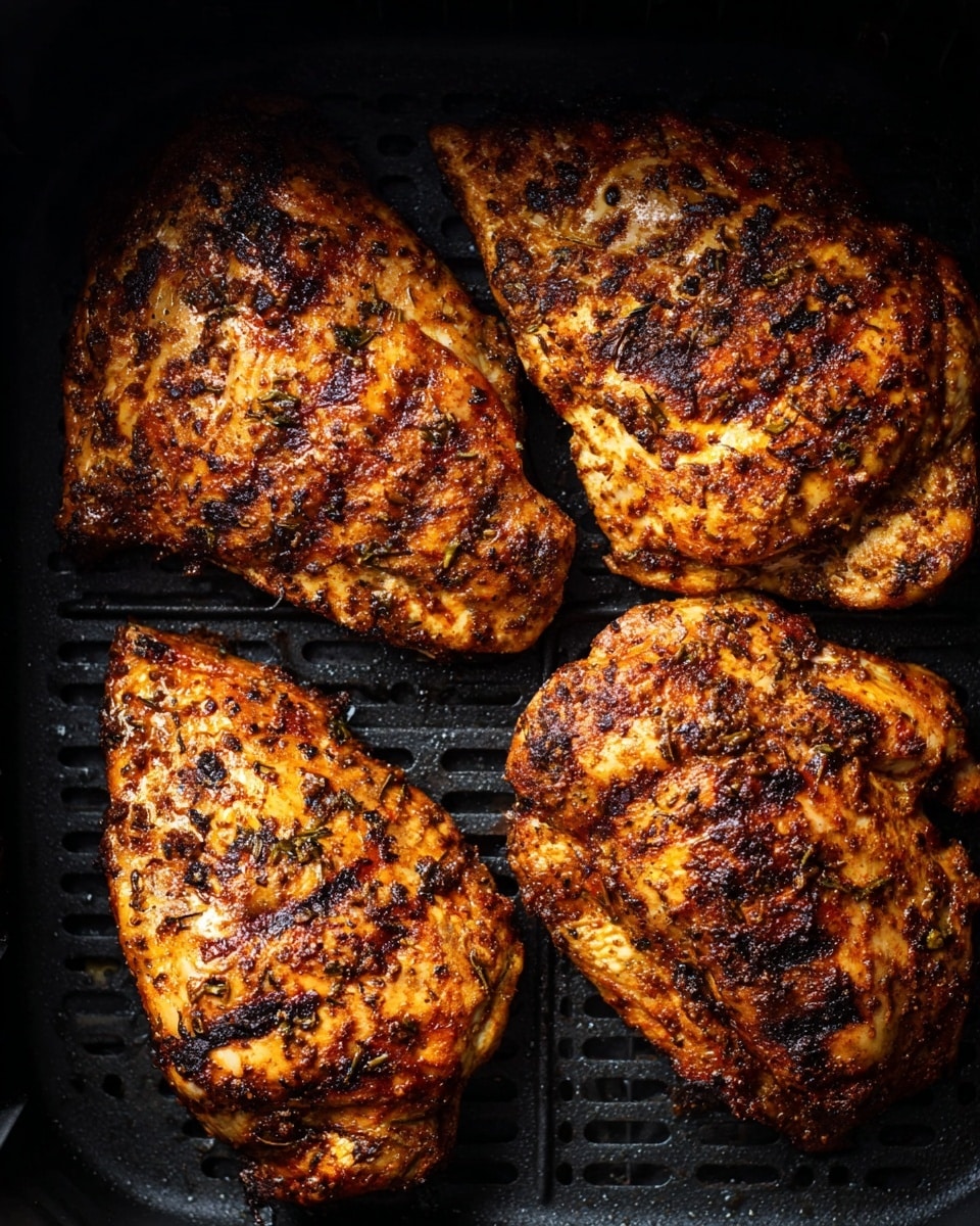 The image shows four pieces of grilled chicken with a deep golden brown color and dark grill marks arranged closely on a black grill pan. Each chicken piece is covered with a textured, slightly rough spice mix featuring specks of black and reddish seasoning. The surface of the chicken glistens with tiny beads of oil or juices, emphasizing its juicy and well-cooked appearance. The grill pan underneath has deep grooves that hold the pieces in place, with some browned bits scattered around. Photo taken with an iphone --ar 4:5 --v 7