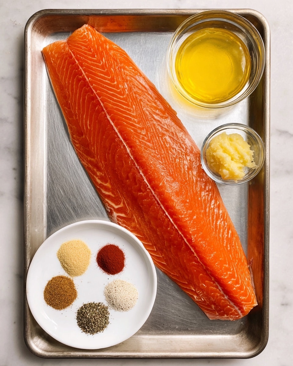A large, smooth orange salmon fillet lays on the right side of a metal baking tray, showing clear white lines running through the fish. At the top right corner of the tray, there is a small white bowl filled with yellow melted butter. Just below that, a tiny clear glass bowl holds a small pile of mashed light yellow garlic. On the bottom left of the tray, a round white plate has six piles of different spices arranged in a circle, each pile showing a different texture and color including light brown, dark brown, reddish, beige, black, and white. The tray sits on a white marbled surface. Photo taken with an iphone --ar 4:5 --v 7