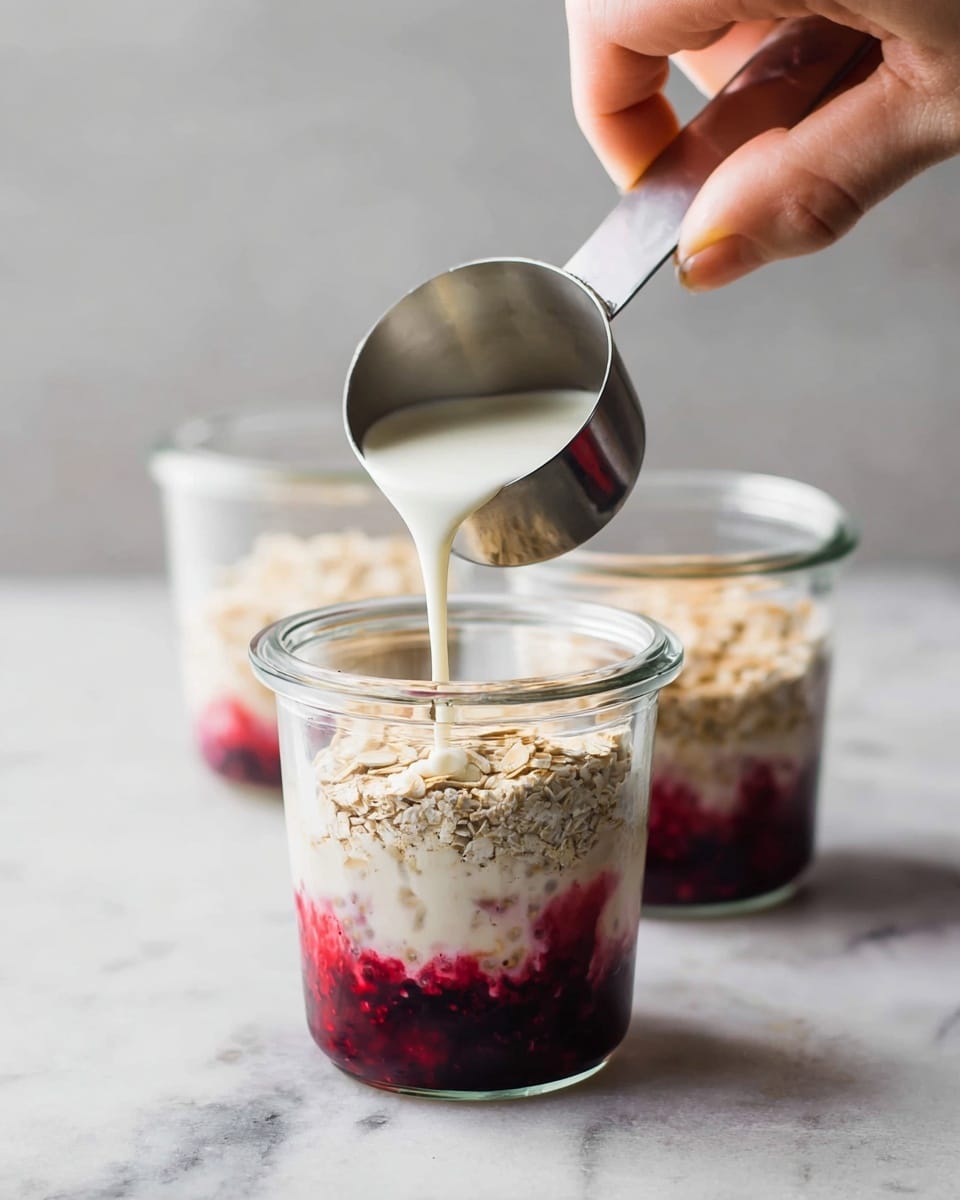 A clear glass jar with three visible layers: the bottom layer is a dark red mixed berry compote with slightly chunky texture, the middle layer is light beige rolled oats with a dry and rough texture, and the top layer is white milk being poured from a metal measuring cup held by a woman's hand into the oats; the jar is sitting on a white marbled surface with two other similar jars blurred in the background, one showing mostly oats and the other showing berry compote and oats. photo taken with an iphone --ar 4:5 --v 7