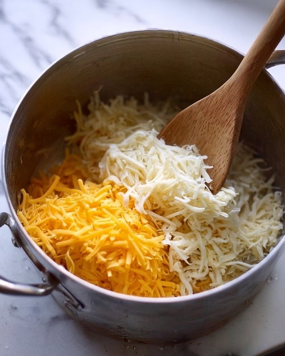 The image shows a close-up of a metal pot filled with two kinds of shredded cheese: one is bright orange-yellow and placed in the lower left, and the other is pale white and placed in the upper right. A wooden spoon is stirring the cheese inside the pot. The pot is resting on a white marbled surface photo taken with an iphone --ar 4:5 --v 7