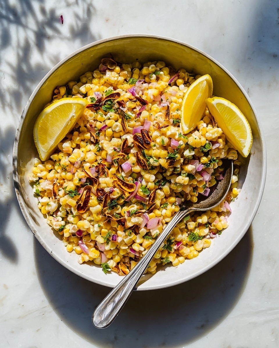 A white bowl filled with a colorful corn salad, made of small yellow corn kernels mixed with bits of purple onion, green herbs, and thin brown toasted slices. Two bright yellow lemon wedges sit on top on opposite sides of the bowl. A shiny spoon is placed inside the bowl, leaning toward the center. The bowl is on a white marbled surface with some small plant shadows nearby. Photo taken with an iphone --ar 4:5 --v 7