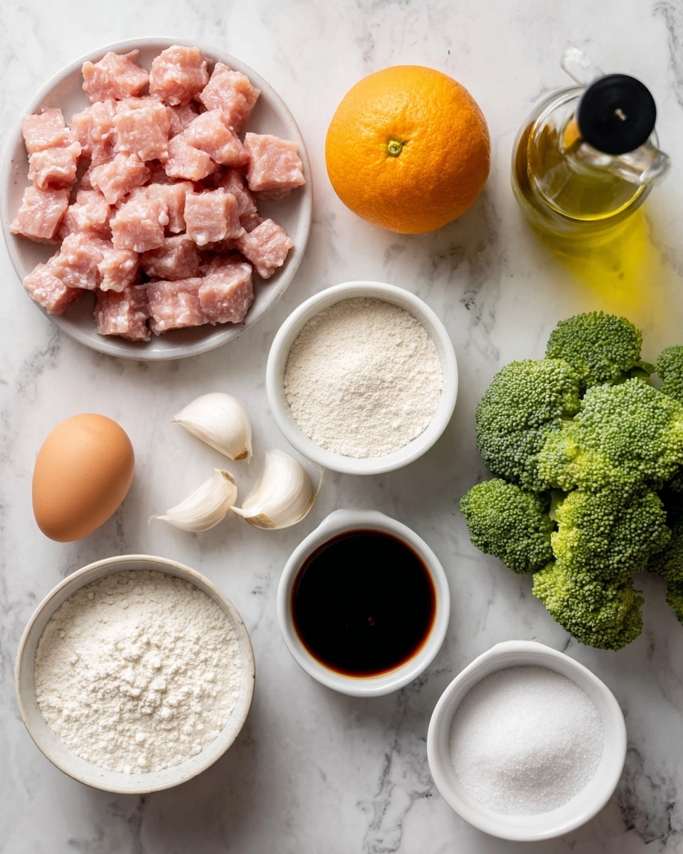 The image shows a white marbled surface with several cooking ingredients arranged neatly. There is a pile of small pink meat cubes in the top left, a whole orange centered at the top, and a bottle of olive oil with a black cap on the top right. On the right side, there are green broccoli florets. In the bottom left, there are white garlic cloves near a single brown egg. Three white bowls are placed near the bottom, filled respectively with white rice, white flour, and white granulated sugar. A small white bowl with dark soy sauce is near the center. All ingredients are spaced evenly and clearly visible. Photo taken with an iphone --ar 4:5 --v 7