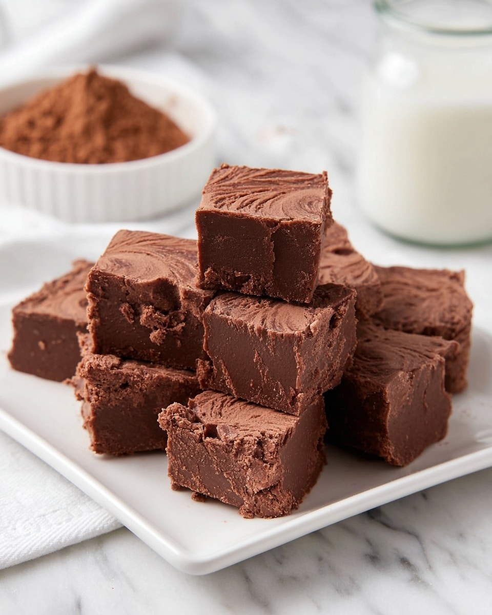 The image shows five pieces of chocolate fudge, each piece having two layers: a dense, crumbly bottom layer in a medium brown shade with a slightly rough texture, and a smoother, darker chocolate top layer with a glossy finish. The pieces are stacked and scattered on a white plate with a white marbled surface in the background. Photo taken with an iphone --ar 4:5 --v 7