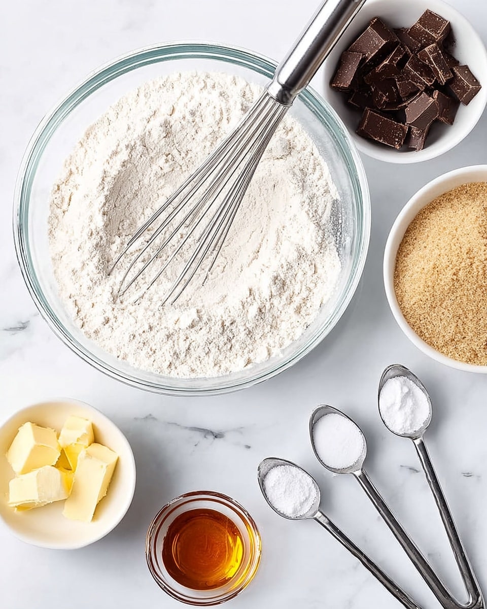 The image shows a clear glass bowl filled with white flour and a metal whisk resting inside it, placed on a white marbled surface. Around it, there are smaller white bowls holding light yellow melted butter, light brown sugar with a crumbly texture, and dark brown chocolate chunks. On the right side, three metal measuring spoons are lined up, each containing small amounts of white granulated sugar, salt, and baking soda. Below them is a small clear bowl filled with amber-colored vanilla extract. The scene is bright and clean with the ingredients neatly arranged. photo taken with an iphone --ar 4:5 --v 7