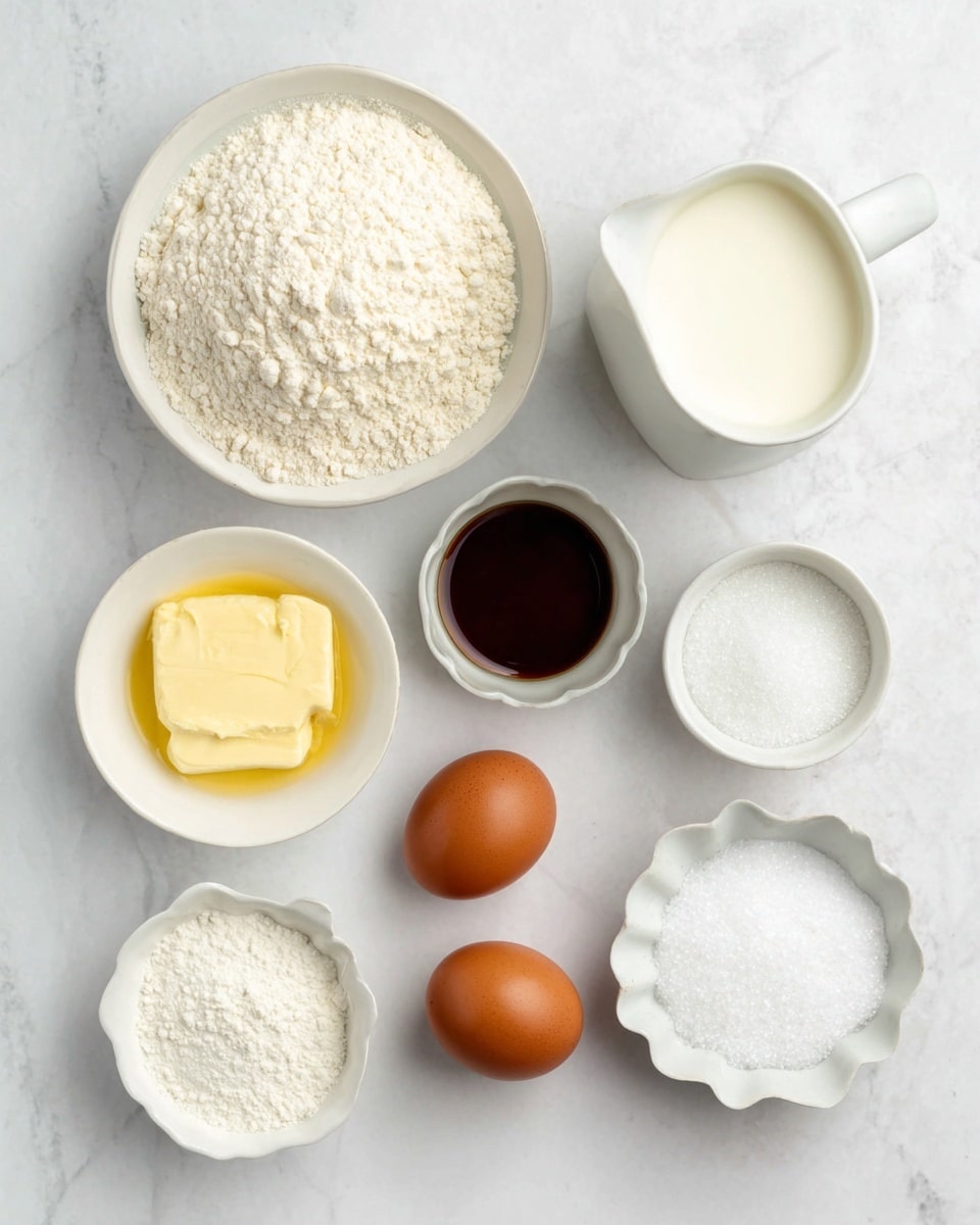 The image shows seven small white bowls and two brown eggs arranged on a white marbled surface. The top left bowl contains white flour with a rough, powdery texture filling the bowl completely. To its right is a pitcher of white milk. Below the flour bowl is a small bowl filled with melted yellow butter, smooth and shiny. Next to the butter bowl is a small white bowl with dark brown vanilla extract, liquid and glossy. In the center, a small round white bowl holds white powder, likely baking powder or baking soda. At the bottom center are the two brown eggs with a smooth shell. To the right of the eggs is a small white bowl filled with a white powdery ingredient that looks like powdered sugar. Finally, at the bottom left is a small scalloped white bowl with white salt. All items are evenly spaced, presented on the clean white marbled background. Photo taken with an iphone --ar 4:5 --v 7