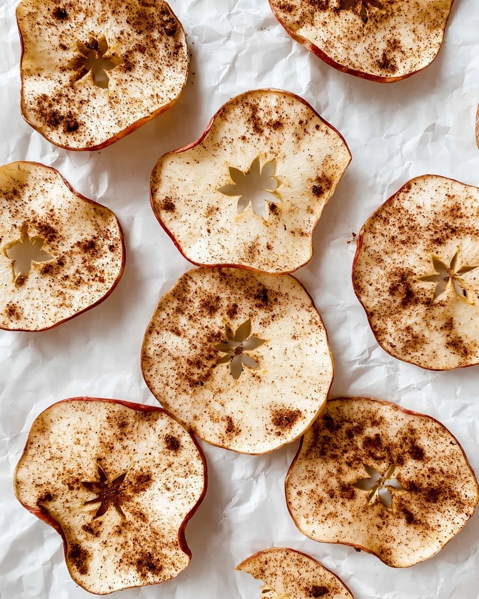 Thin apple slices are spread out on a white crinkled paper background, each slice showing a light cream color with their edges in a soft reddish tint. The centers of some slices have star-shaped holes, and they are all sprinkled with a fine dusting of dark brown cinnamon powder, creating textured spots across each slice. A few crumbs are scattered around, and one apple slice has a small bite taken out of it. photo taken with an iphone --ar 4:5 --v 7