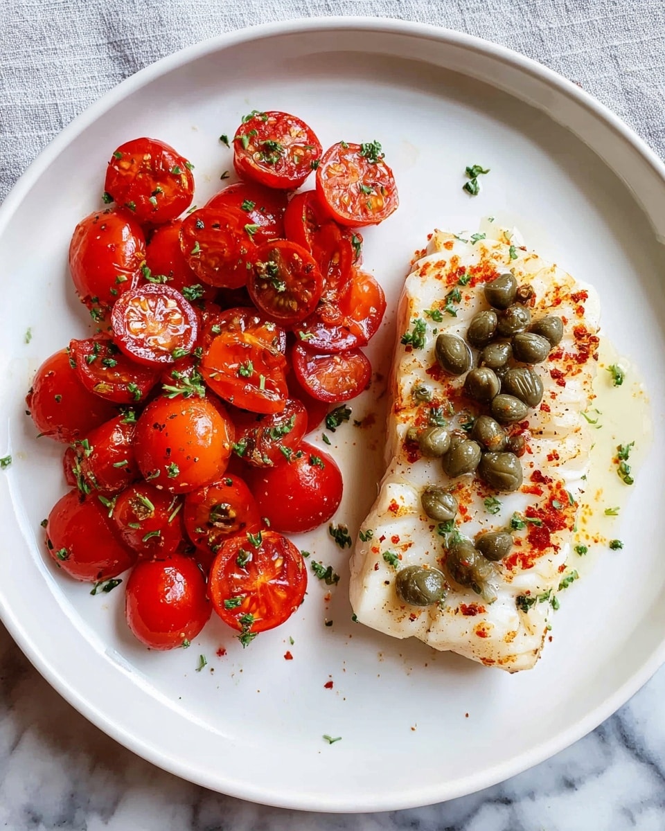 A white round plate on a white marbled surface holds a simple dish with two main parts: on the right, a rectangular white fish fillet with a lightly browned top, sprinkled with small dark green capers and finely chopped herbs, and dusted with a sprinkle of red seasoning; on the left, a pile of halved bright red cherry tomatoes, glistening and fresh, also scattered with the same small green herbs as on the fish, arranged neatly to balance the plate. photo taken with an iphone --ar 4:5 --v 7