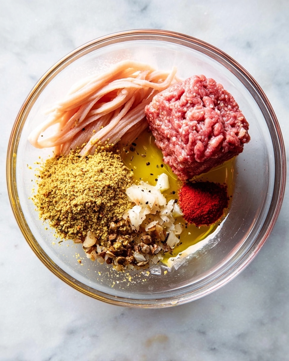 In a clear glass bowl placed on a white marbled surface, there are six main layers placed side by side: on the left, thin pale pink strips of meat with a soft texture; below that, a yellowish-brown fine powder with green specks; next to it, small white and brown chopped pieces; in the middle above the chopped pieces, a small pool of golden yellow oil with black pepper sprinkled on it; to the right, a solid block of dark pink meat with a rough texture; and finally, a small red dollop of sauce near the bottom right. Photo taken with an iphone --ar 4:5 --v 7